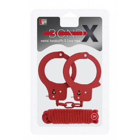 Красные наручники из листового металла в комплекте с веревкой BONDX METAL CUFFS&LOVE ROPE SET